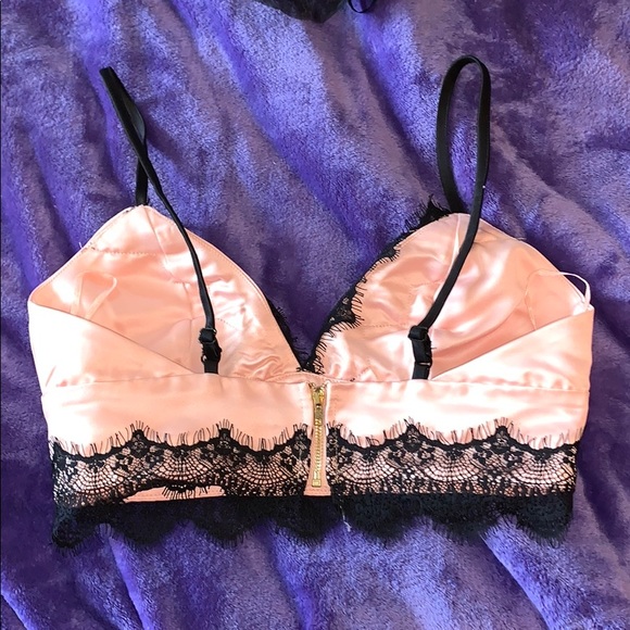 Missguided Pink Satin Black Lace Crop Top Bralette - Picture 6 of 7